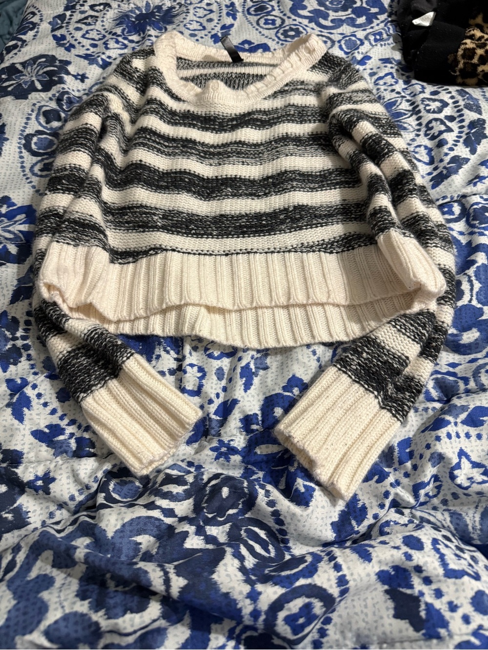 Full Tilt Cream and Black Striped Crewneck Sweater